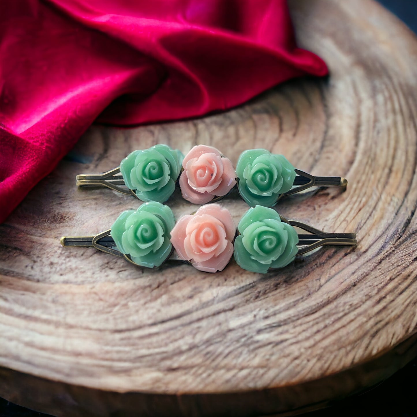 Mint & Blush Rose Hair Pins – Set of 2 Cottagecore Accessories