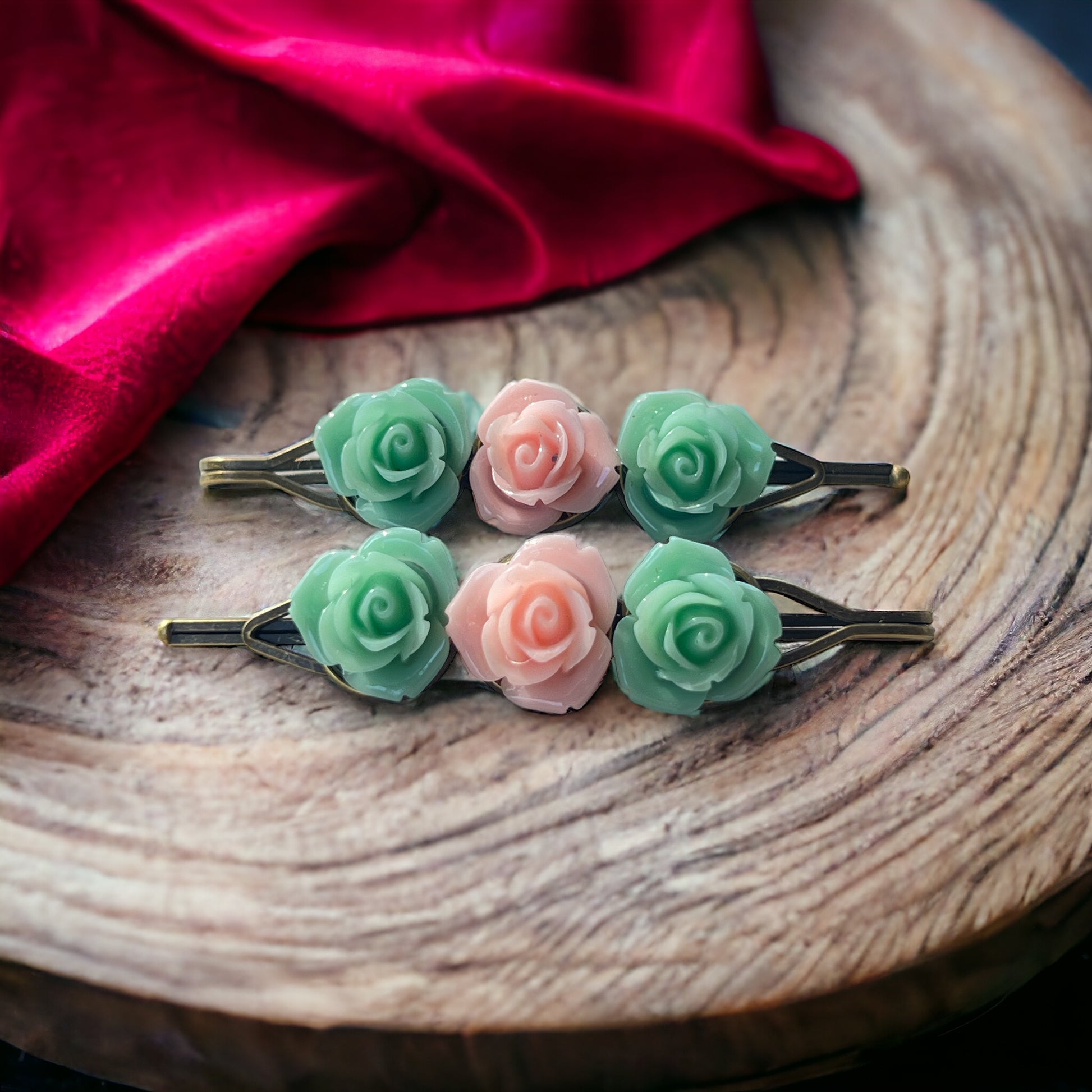 Mint & Blush Rose Hair Pins – Set of 2 Cottagecore Accessories