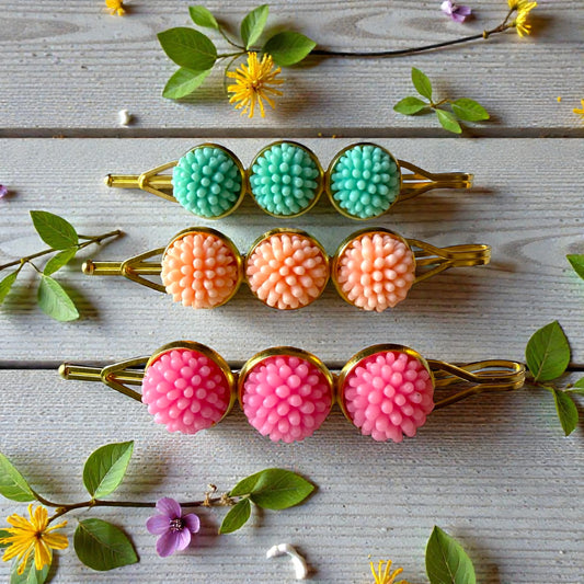 Pastel Pom Pom Flower Hair Pins – Pink Mint Peach Gold Bobby Pins