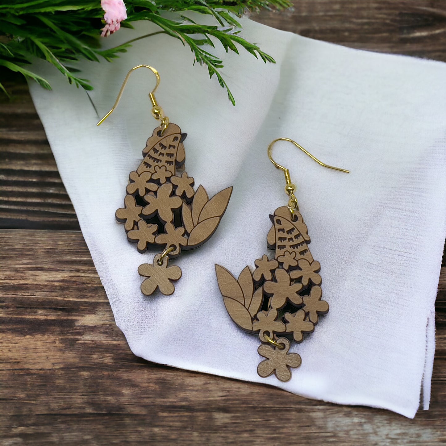 Floral Chicken Wood Earrings – Boho Farmhouse Nature Jewelry