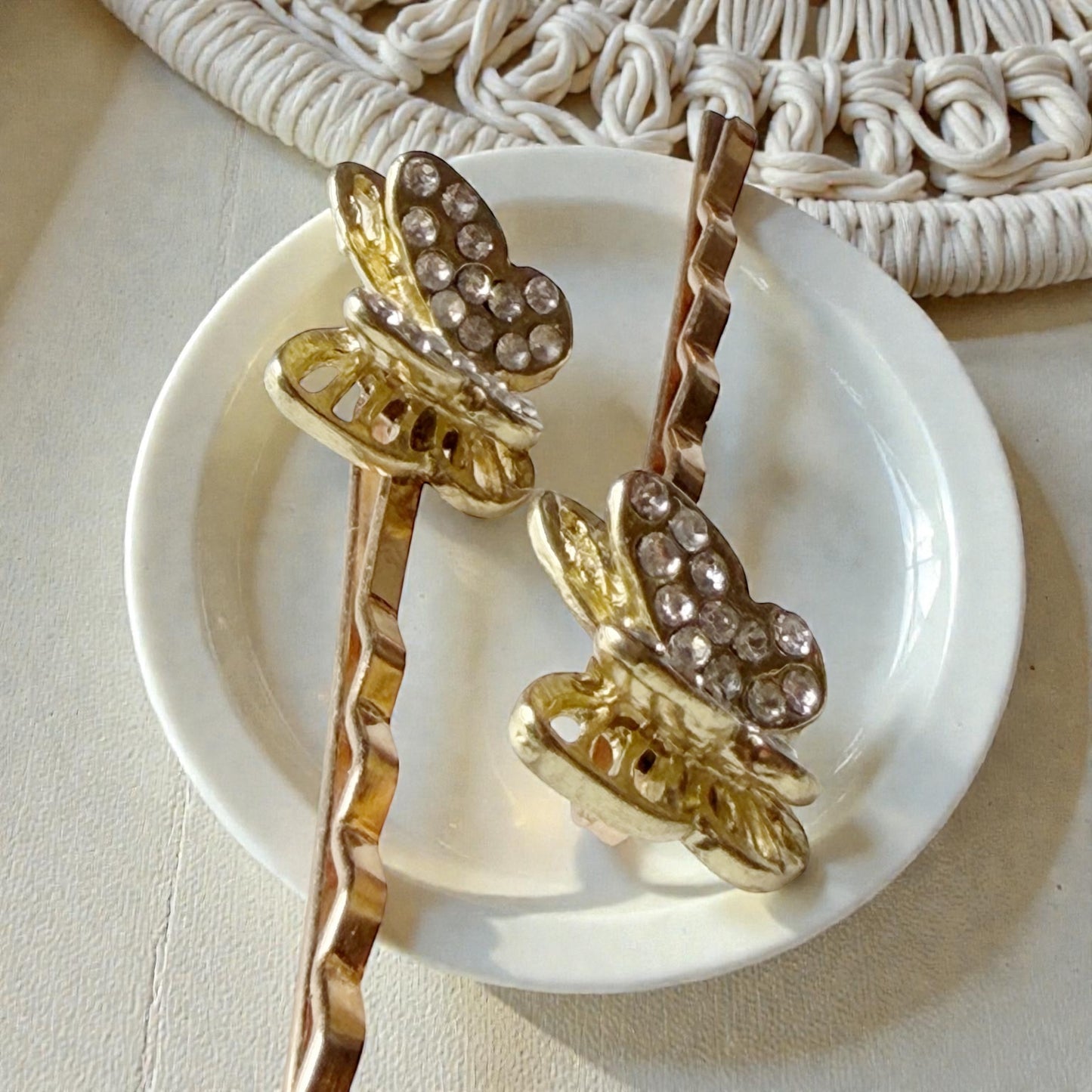 Gold Butterfly Hair Pins – Sparkly Rhinestone Wedding Clips for Women