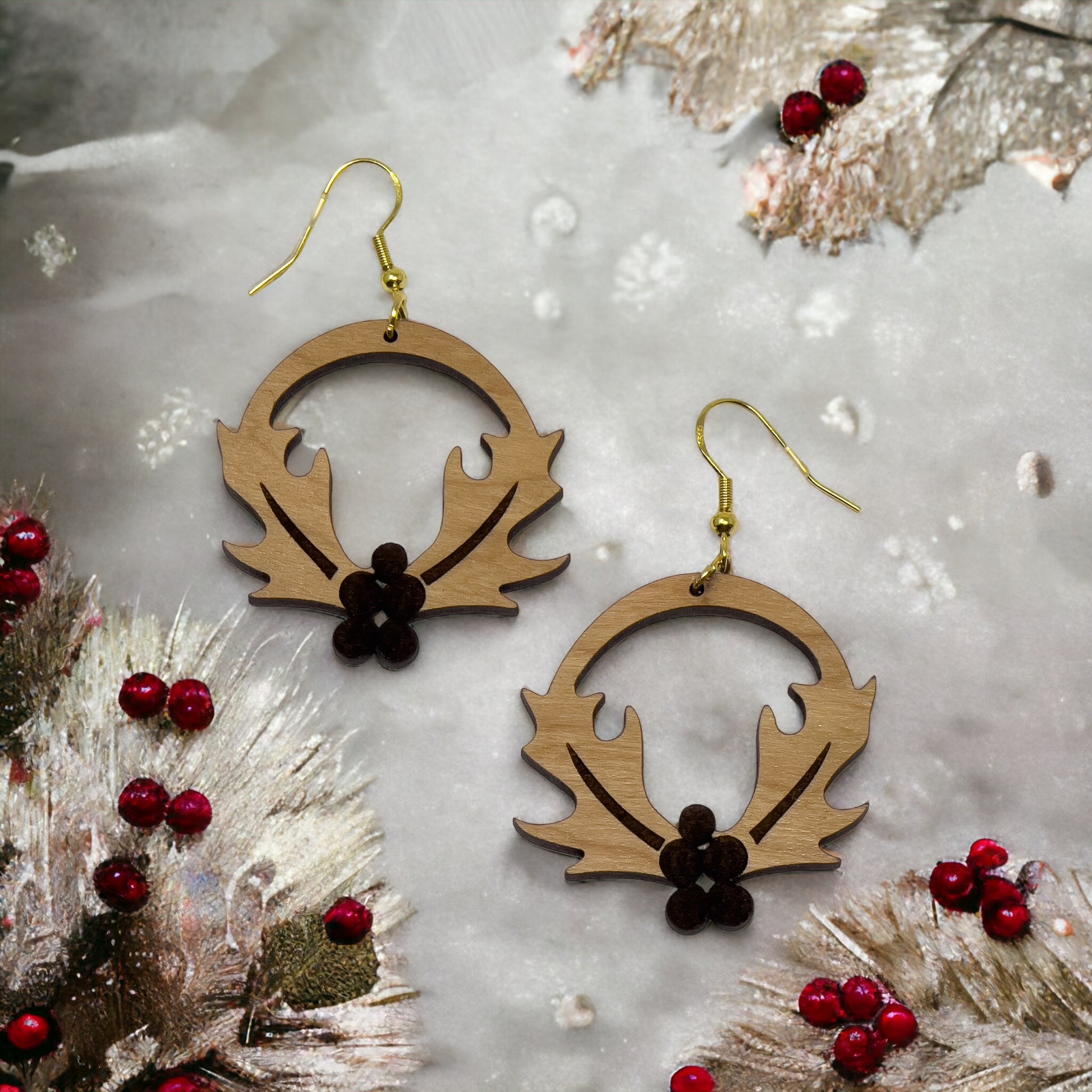 Wooden Holly Wreath Earrings – Holiday Leaf & Berry Laser Cut Jewelry