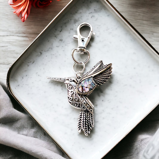 Abalone Hummingbird Purse Charm – Silver Bird Keychain with Etched Boho Details