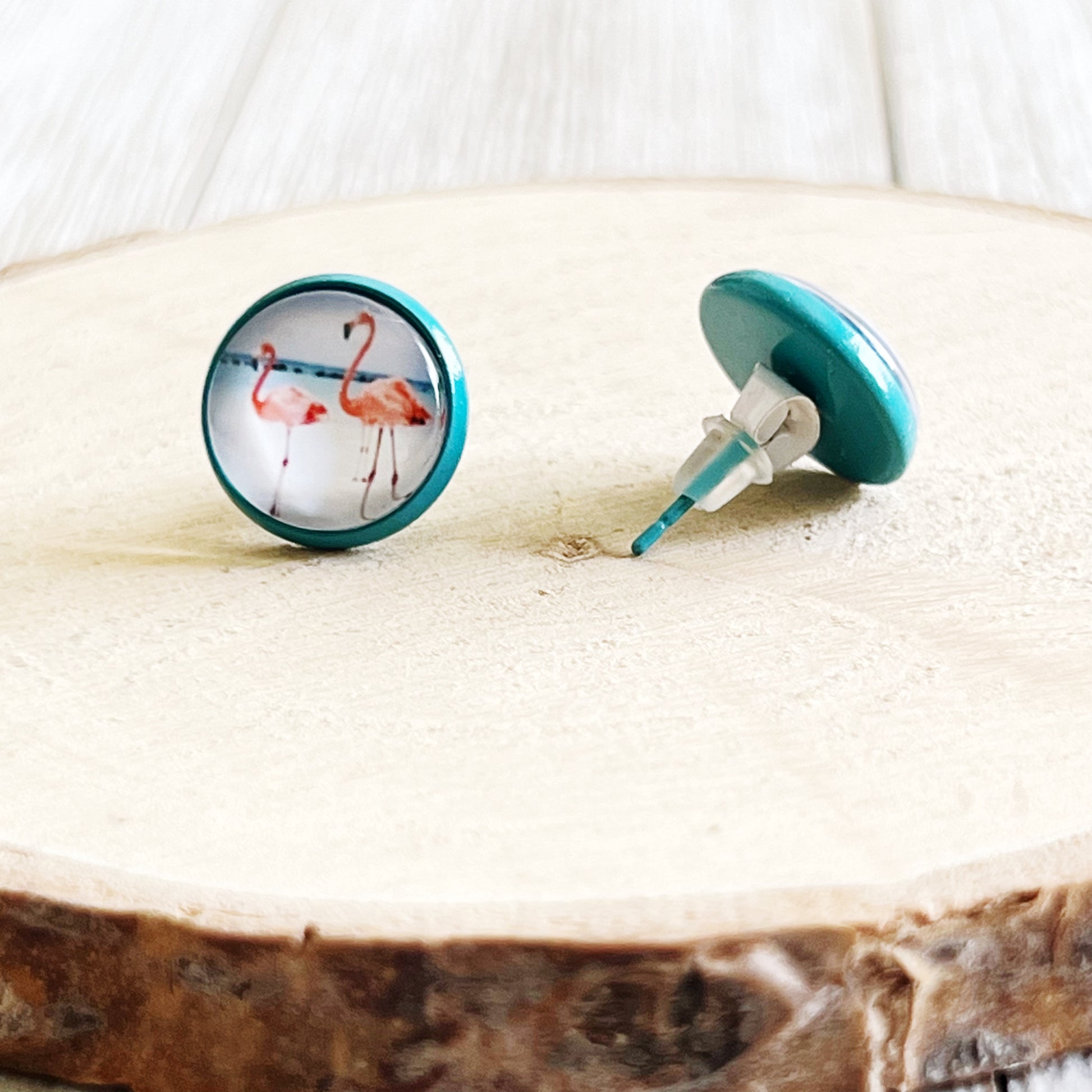 Flamingo Stud Earrings – Tropical Beach Jewelry in Teal Bezel Setting