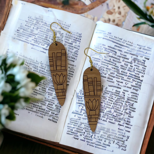 Bookshelf & Plant Wood Earrings – Boho Literary Jewelry