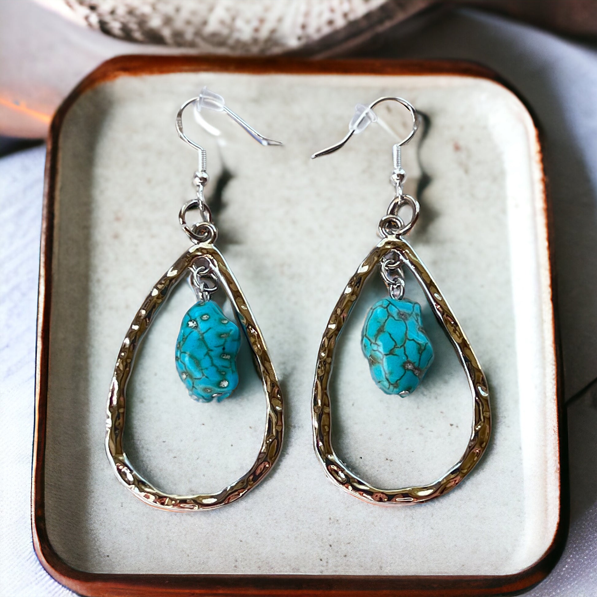 Hammered Teardrop Earrings – Turquoise Boho Western Jewelry