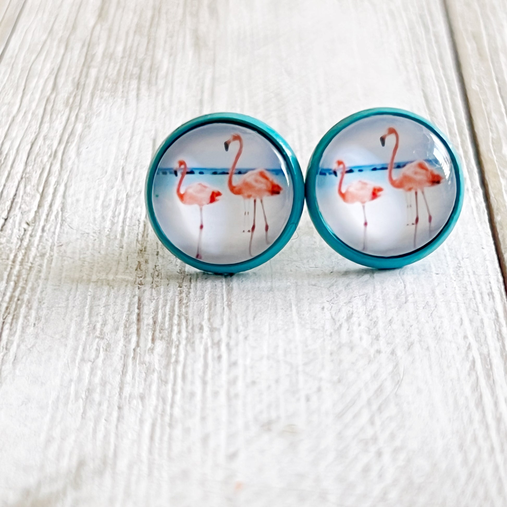 Flamingo Stud Earrings – Tropical Beach Jewelry in Teal Bezel Setting