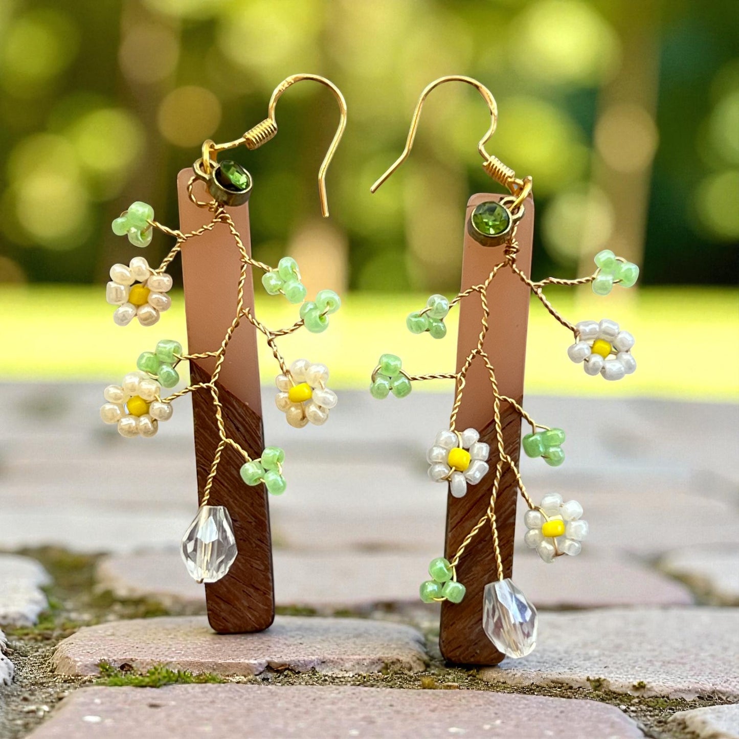 Daisy Vine Wood & Blush Bar Earrings – Boho Nature Dangle Jewelry