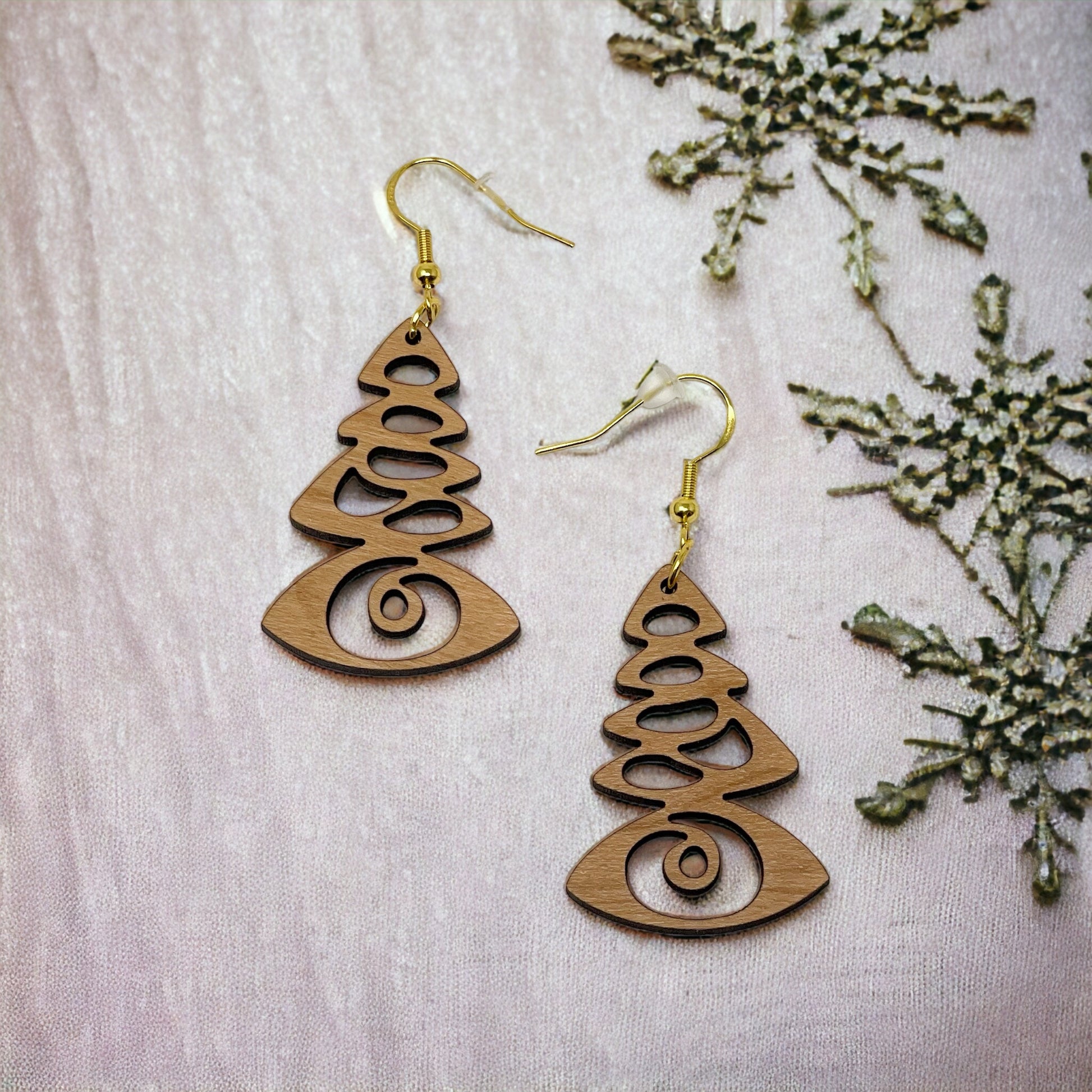 Mystic Pine Eye Earrings – Wooden Holiday Tree Jewelry with a Twist