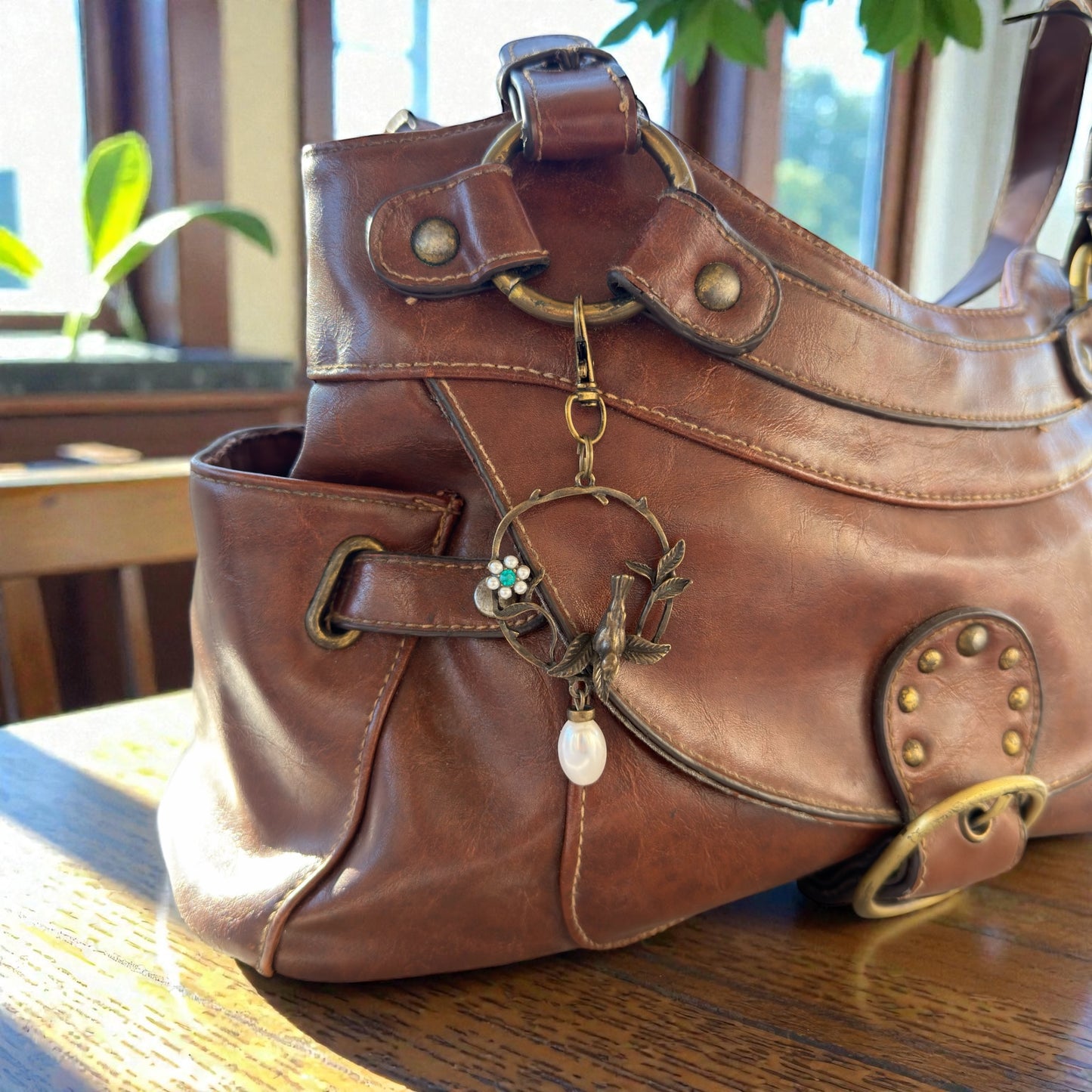 Vintage Bird & Pearl Purse Charm – Rustic Boho Branch Keychain