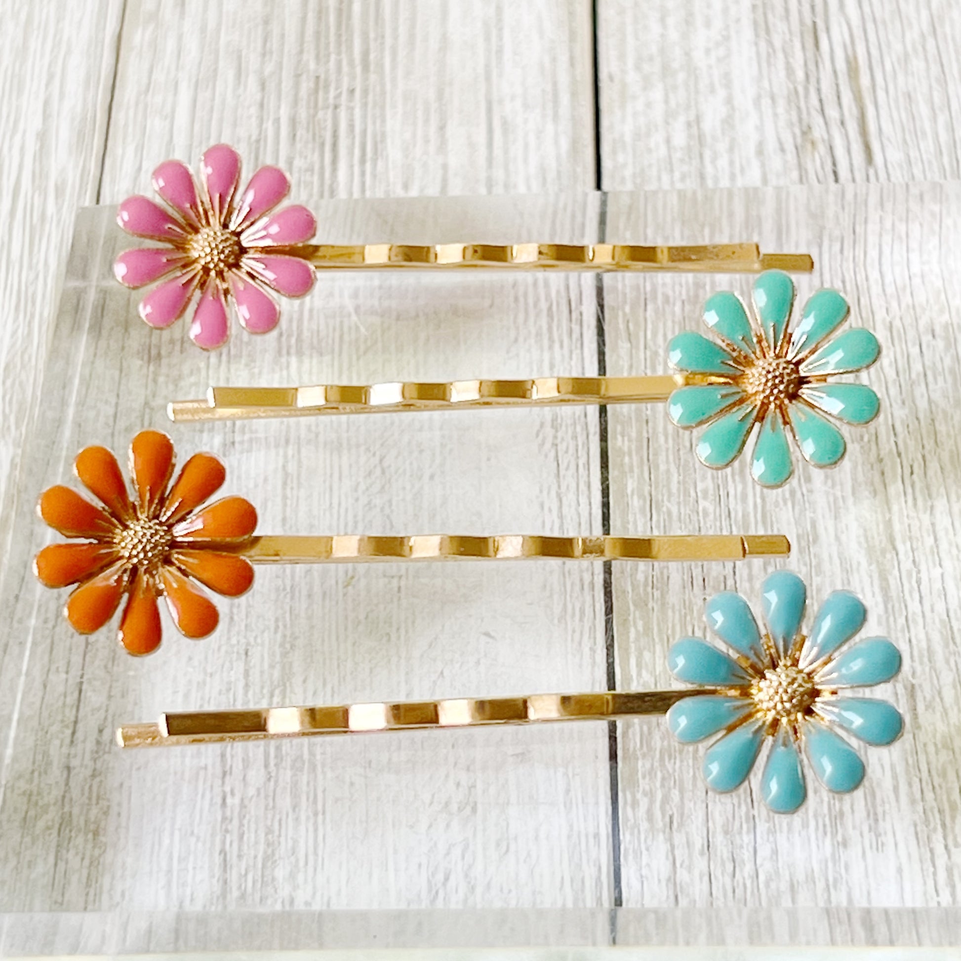 Colorful Daisy Hair Pins – Gold Bobby Pin Set with Enamel Flower Accents