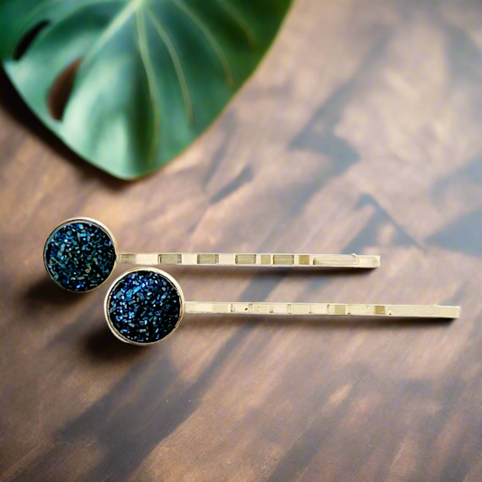 Cobalt Blue Druzy Silver Hair Pins - Elegant Stylish Accessories
