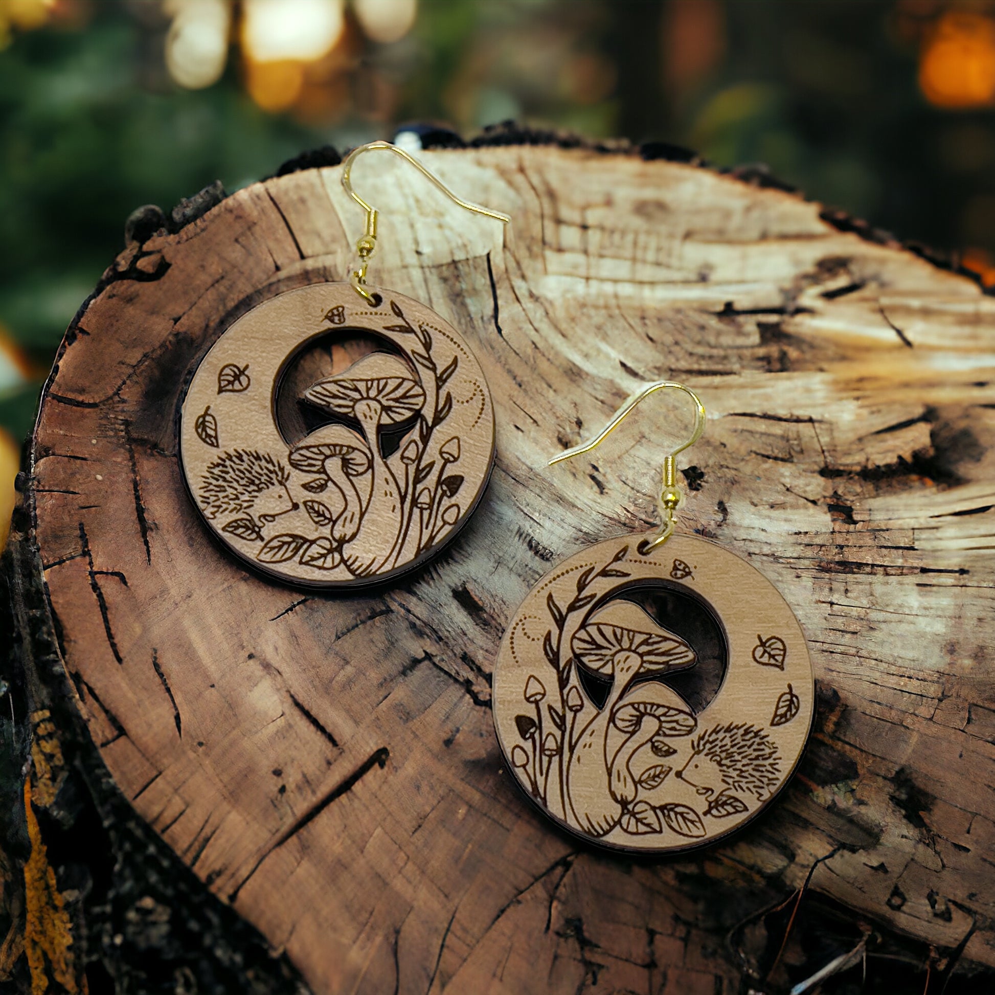 Hedgehog & Mushroom Wood Earrings – Whimsical Forest Jewelry