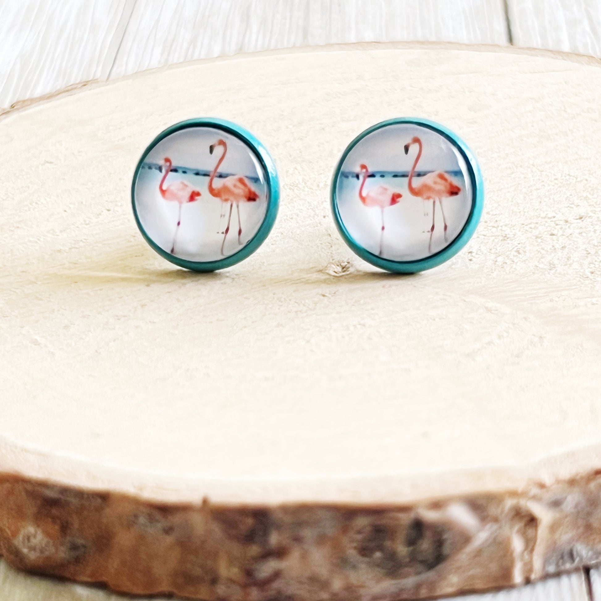 Flamingo Stud Earrings – Tropical Beach Jewelry in Teal Bezel Setting