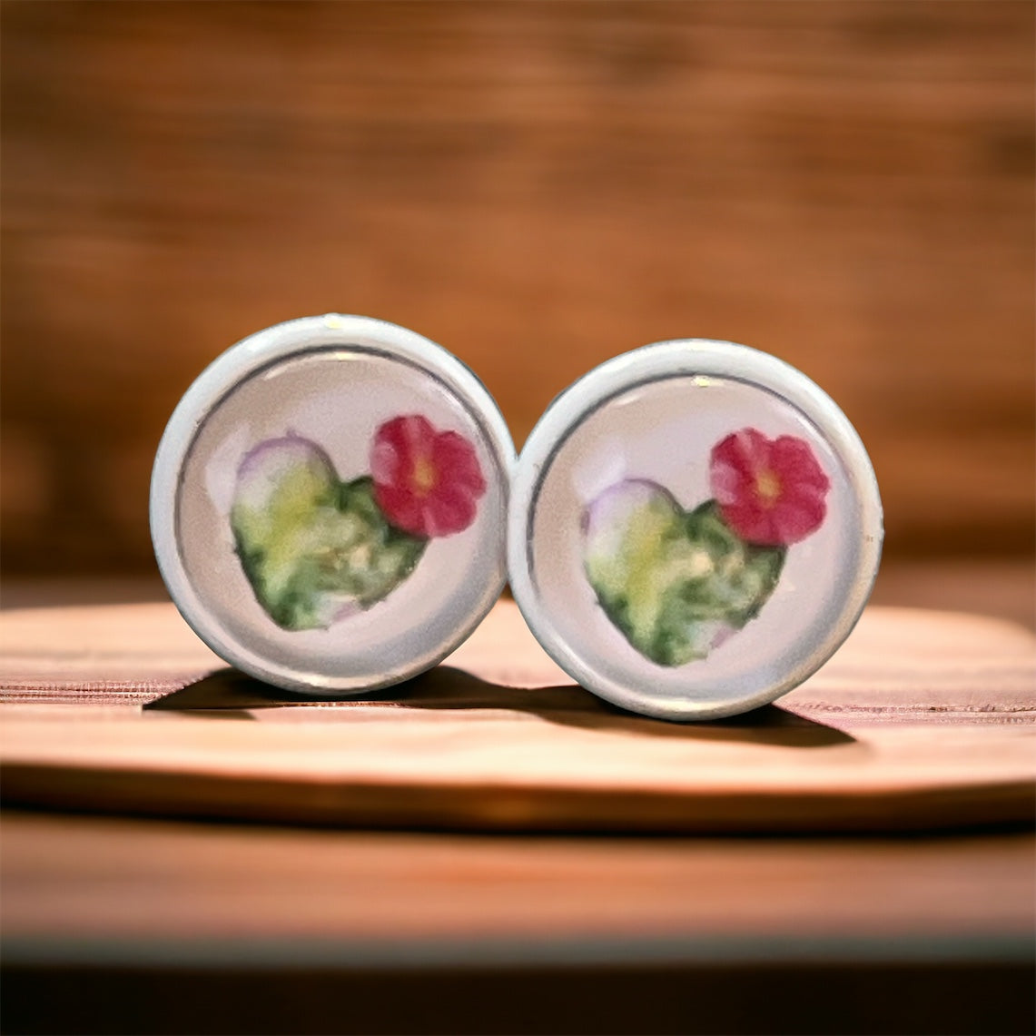 Flowering Cactus Heart Valentine Succulent White Stud Earrings