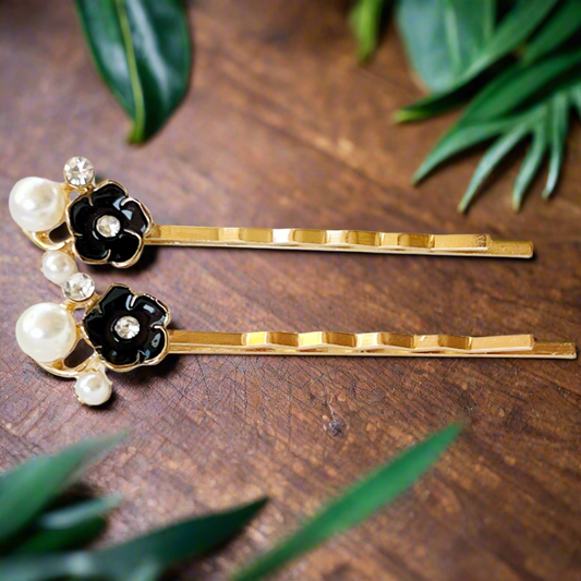 Black Flower Hair Pins - Boho Pearl & Rhinestone Bobby Pins