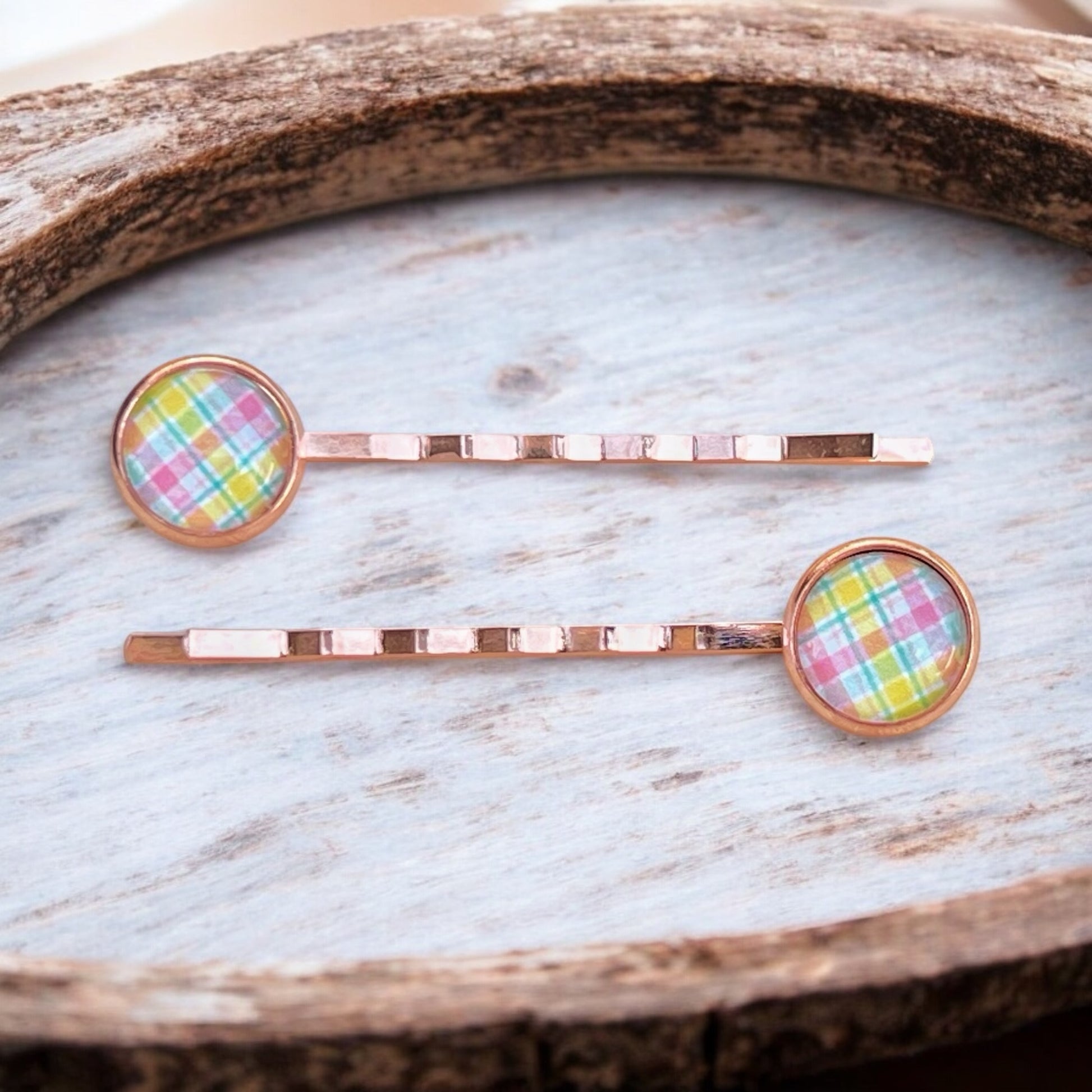 Pastel Plaid Hair Pins – Set of 2 Spring Accessories in Rose Gold