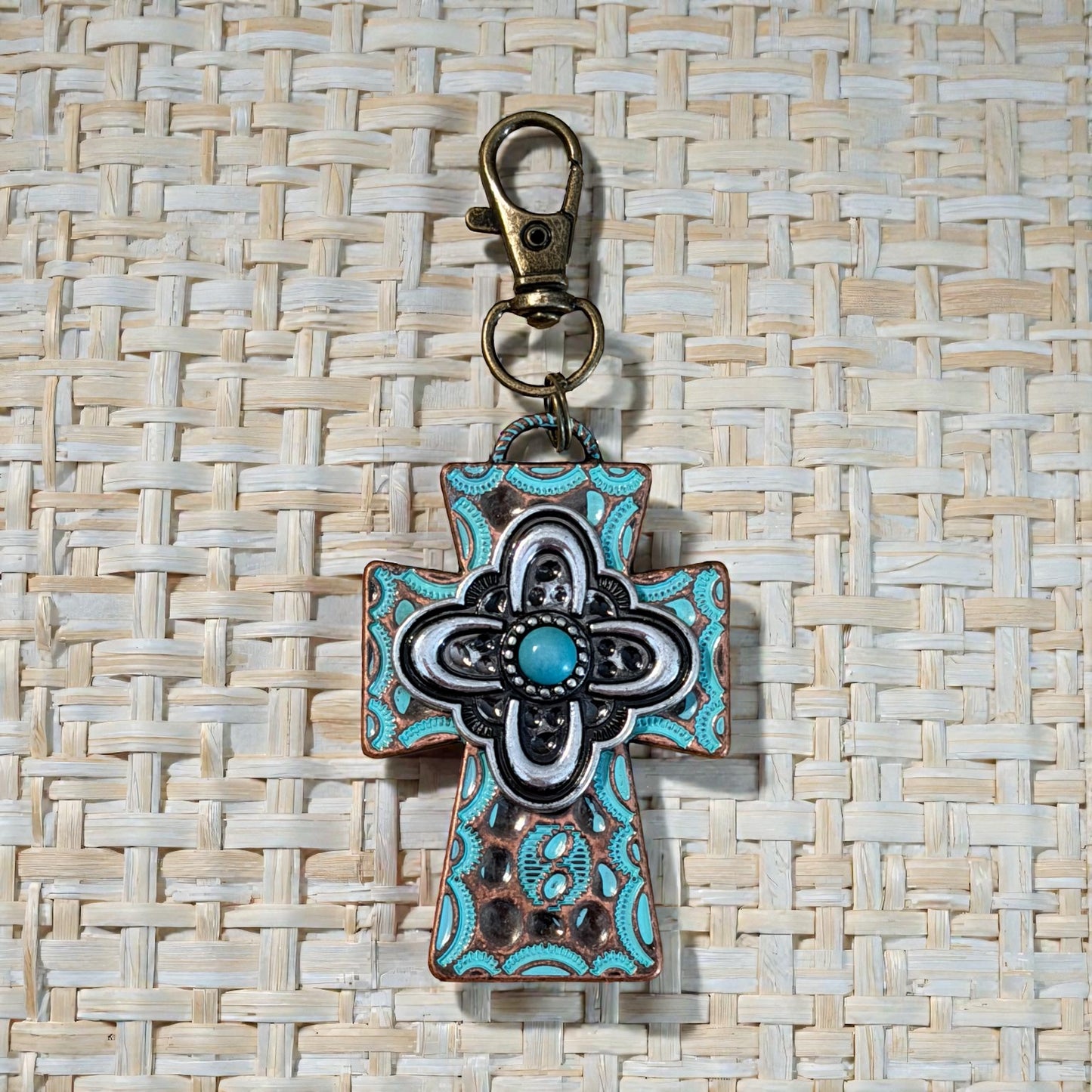 Turquoise Cross Purse Charm – Rustic Western Faith Accessory