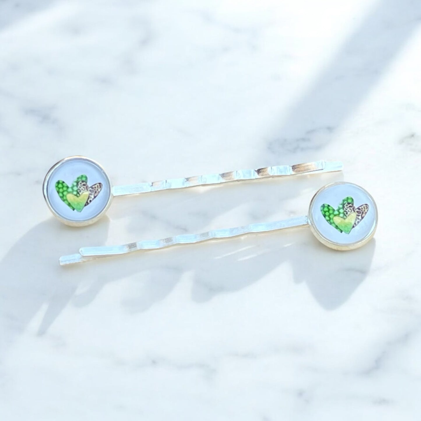 Animal Print Heart Hair Pins – Set of 2 Silver Accessories