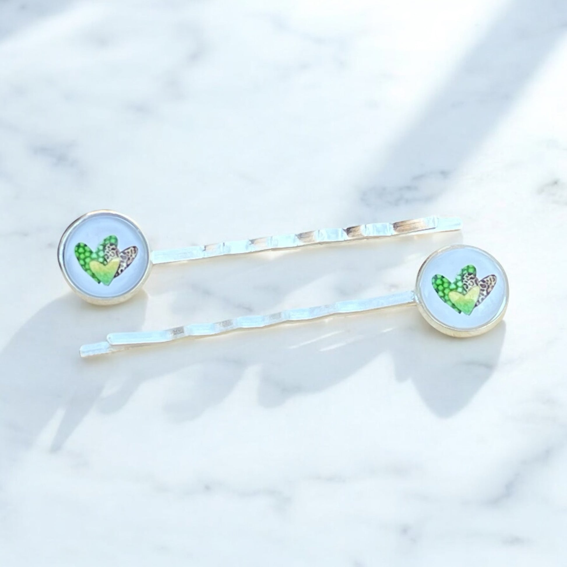 Animal Print Heart Hair Pins – Set of 2 Silver Accessories