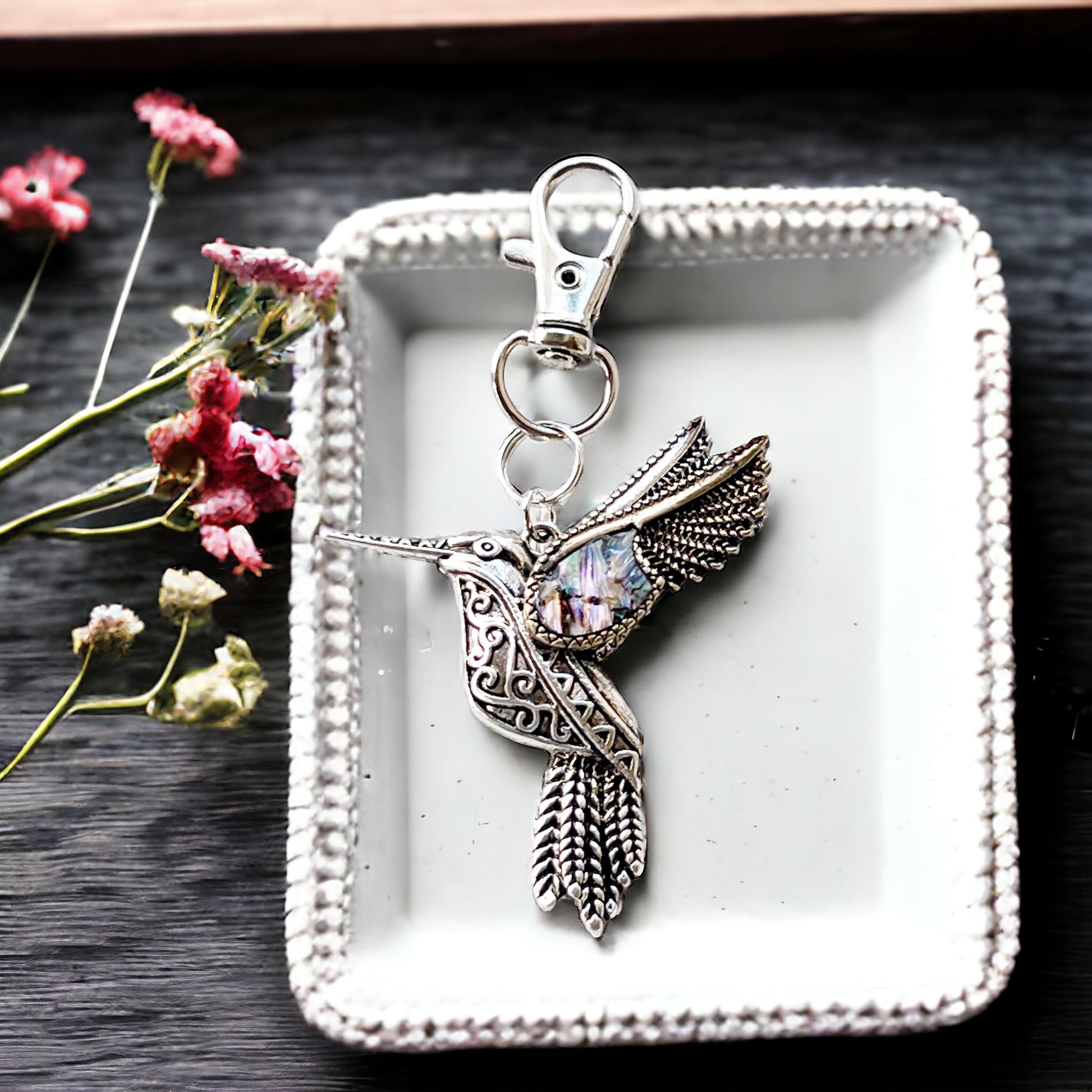 Abalone Hummingbird Purse Charm – Silver Bird Keychain with Etched Boho Details