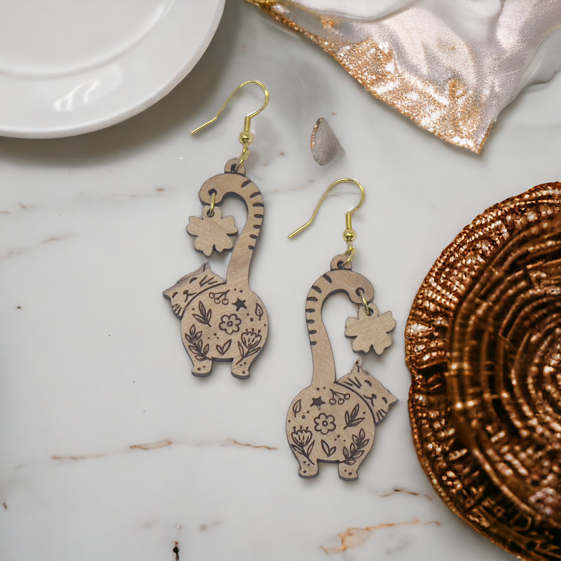 Cat Earrings, Wood Dangle Flower Earrings, Cute Feline Spring Gifts for Cat Lover Girlfriend, Adorable Animal Jewelry, Womens Earring Sets