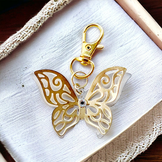 Gold & Silver Butterfly Zipper Pull Keychain Purse Charm with Filigree & Rhinestone Accents - Elegant & Stylish Accessory for Your Bag