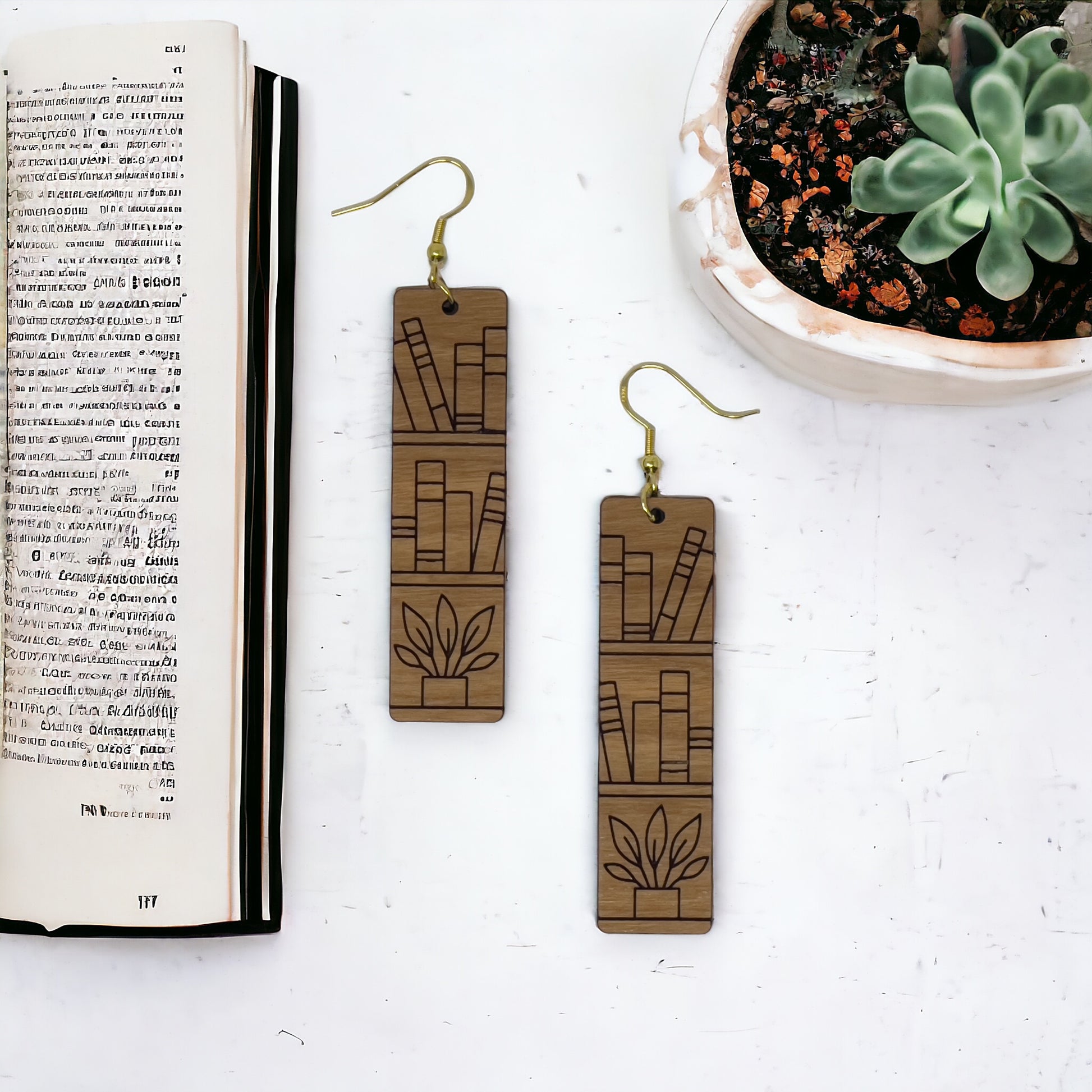 Bookshelf Wood Earrings – Handmade Boho Literary Jewelry
