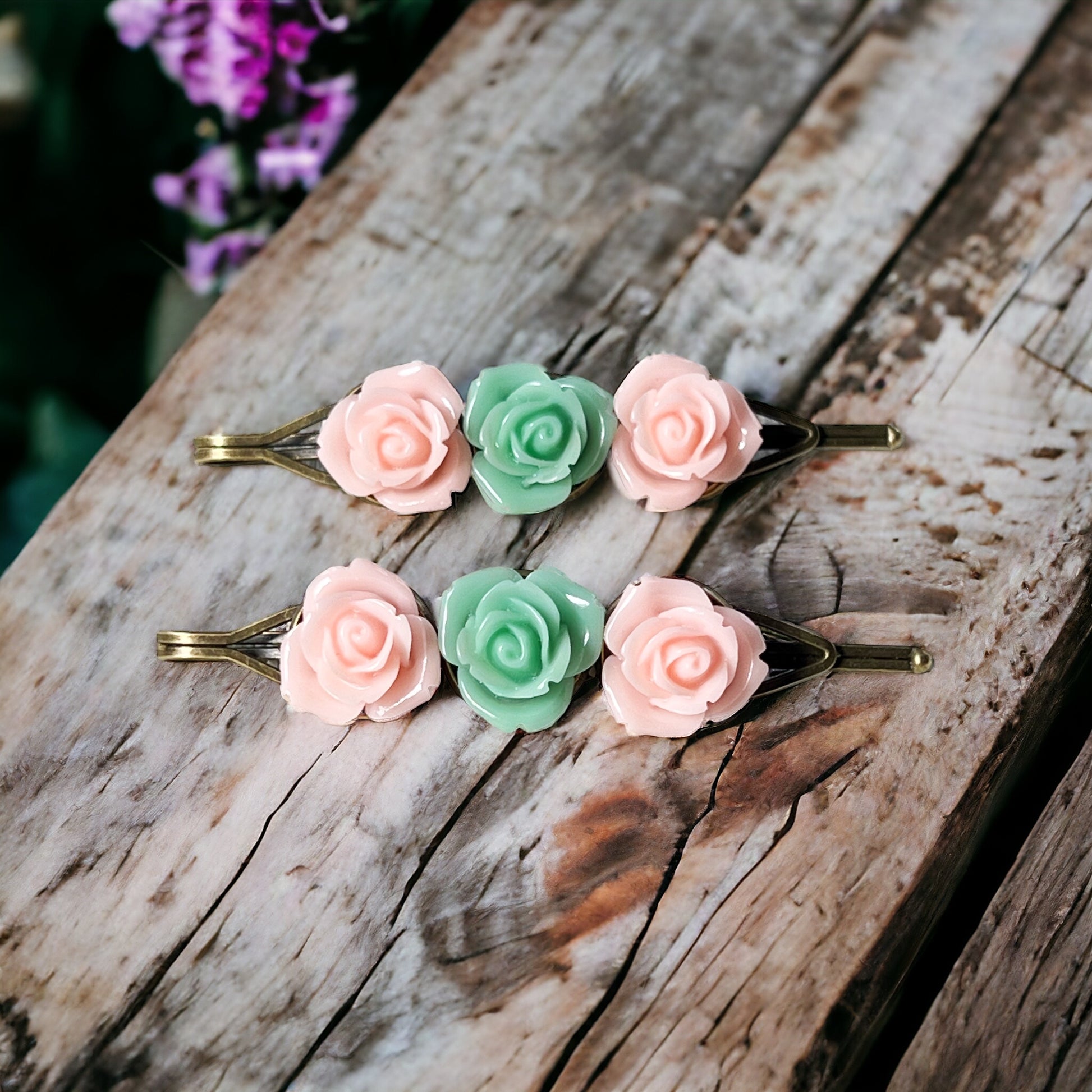 Blush & Mint Rose Hair Pins – Set of 2 Cottagecore Accessories