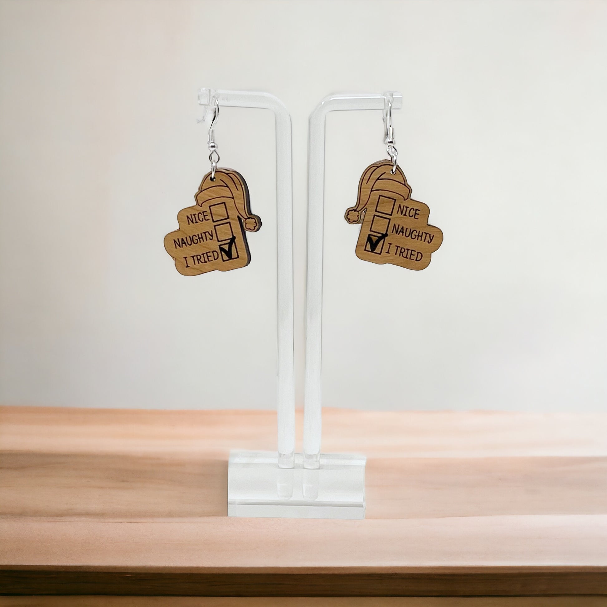 Funny Holiday Checklist Earrings – “I Tried” Santa Hat Wood Earrings