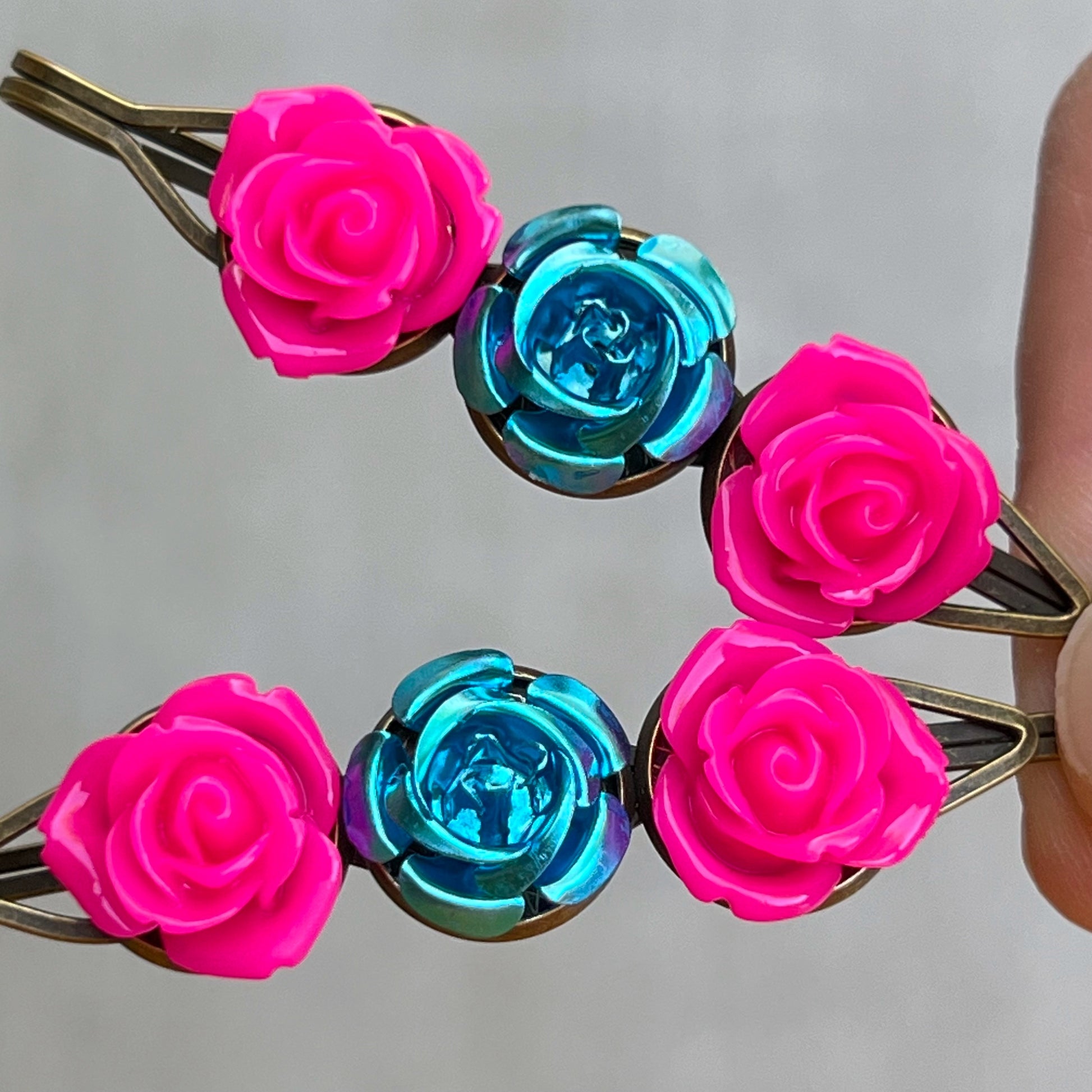 Hot Pink & Teal Rose Hair Pins – Bold Floral Hair Clips with Metallic Accent
