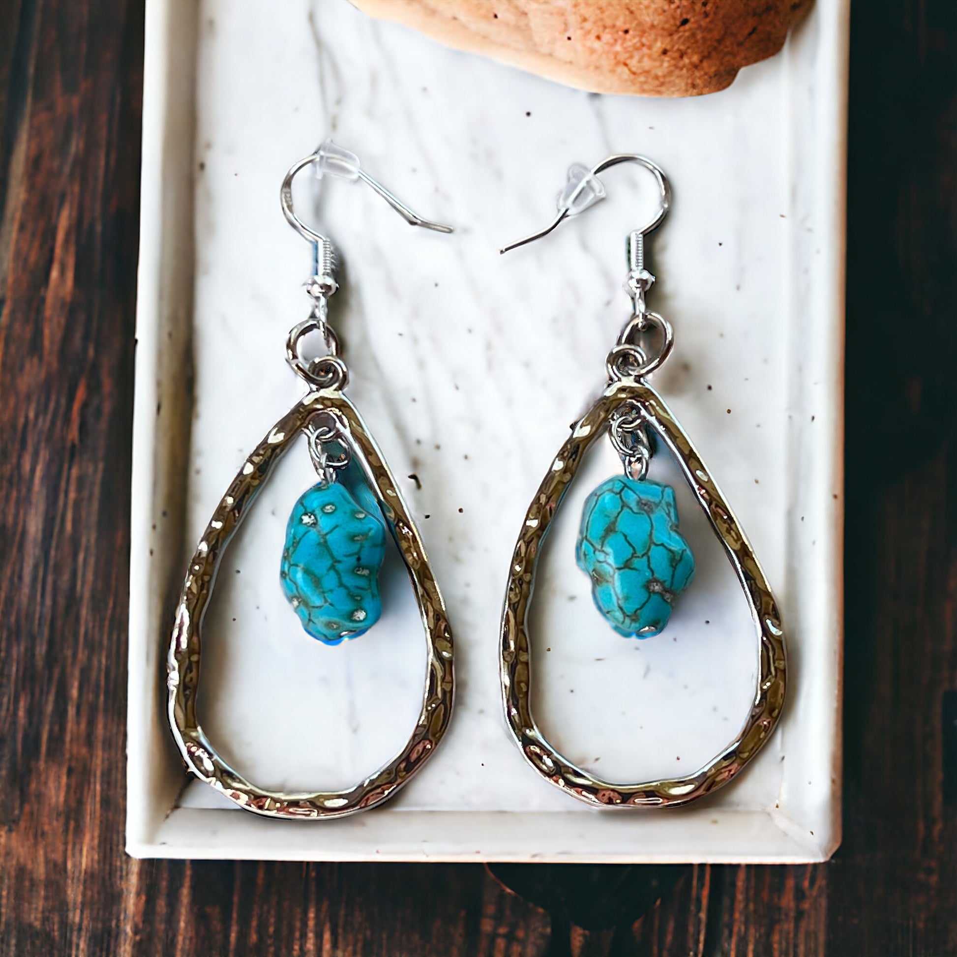 Hammered Teardrop Earrings – Turquoise Boho Western Jewelry