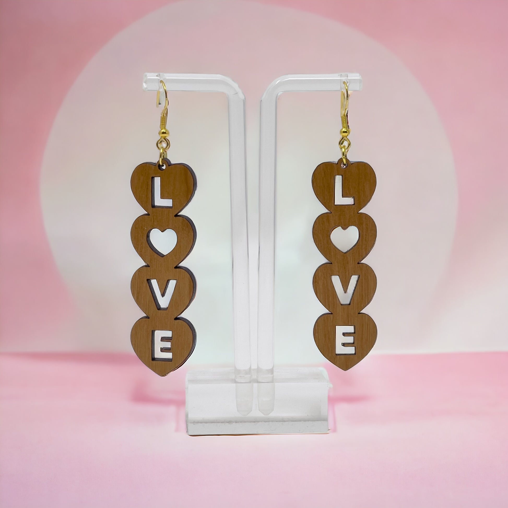Stacked LOVE Heart Earrings – Bold Wooden Valentine’s Jewelry
