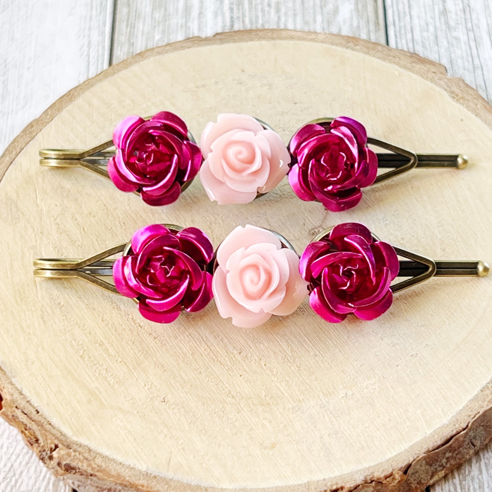 Red & Pink Rose Hair Pins – Romantic Vintage-Inspired Floral Hair Clips