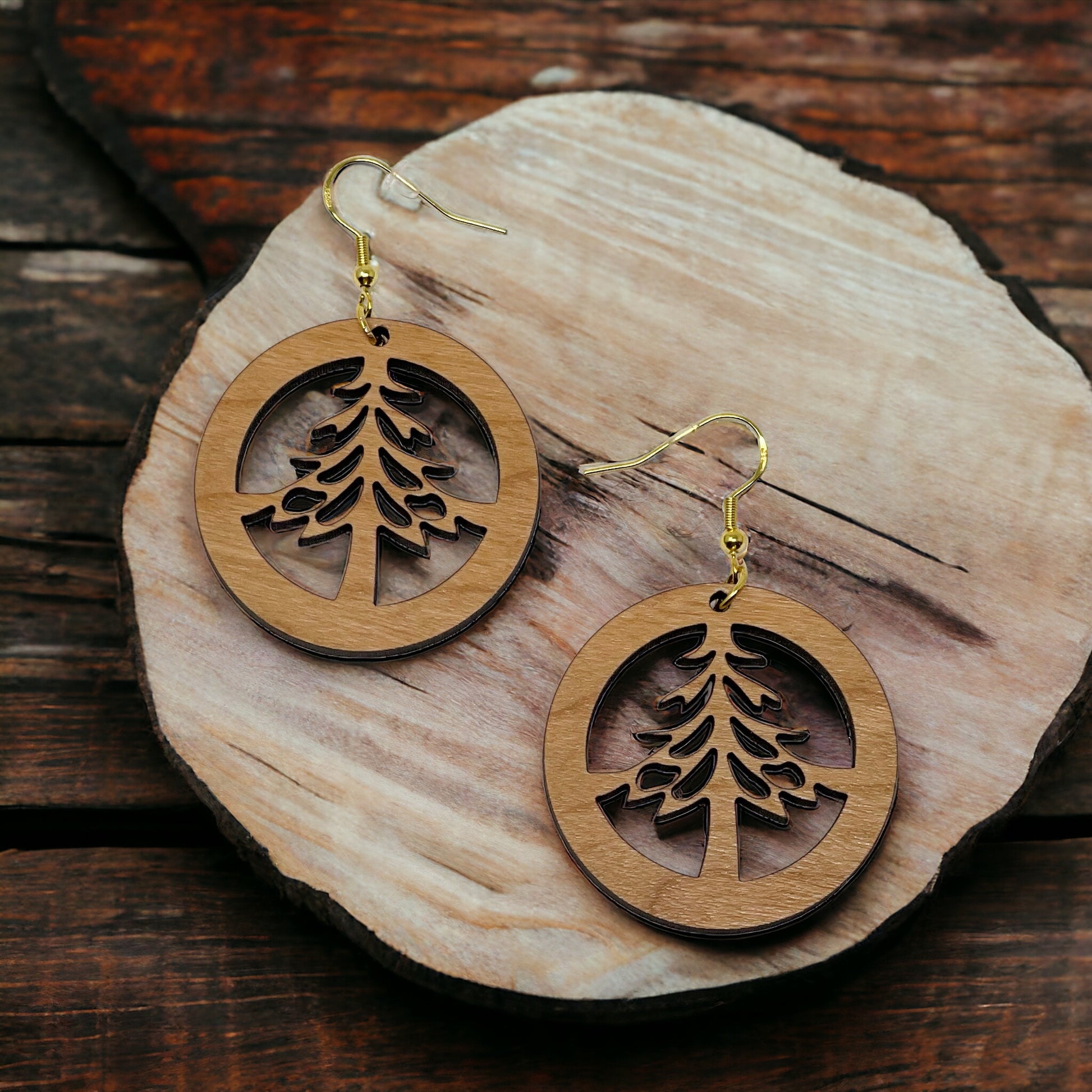 Circle Tree Cutout Earrings – Round Wooden Forest Holiday Jewelry