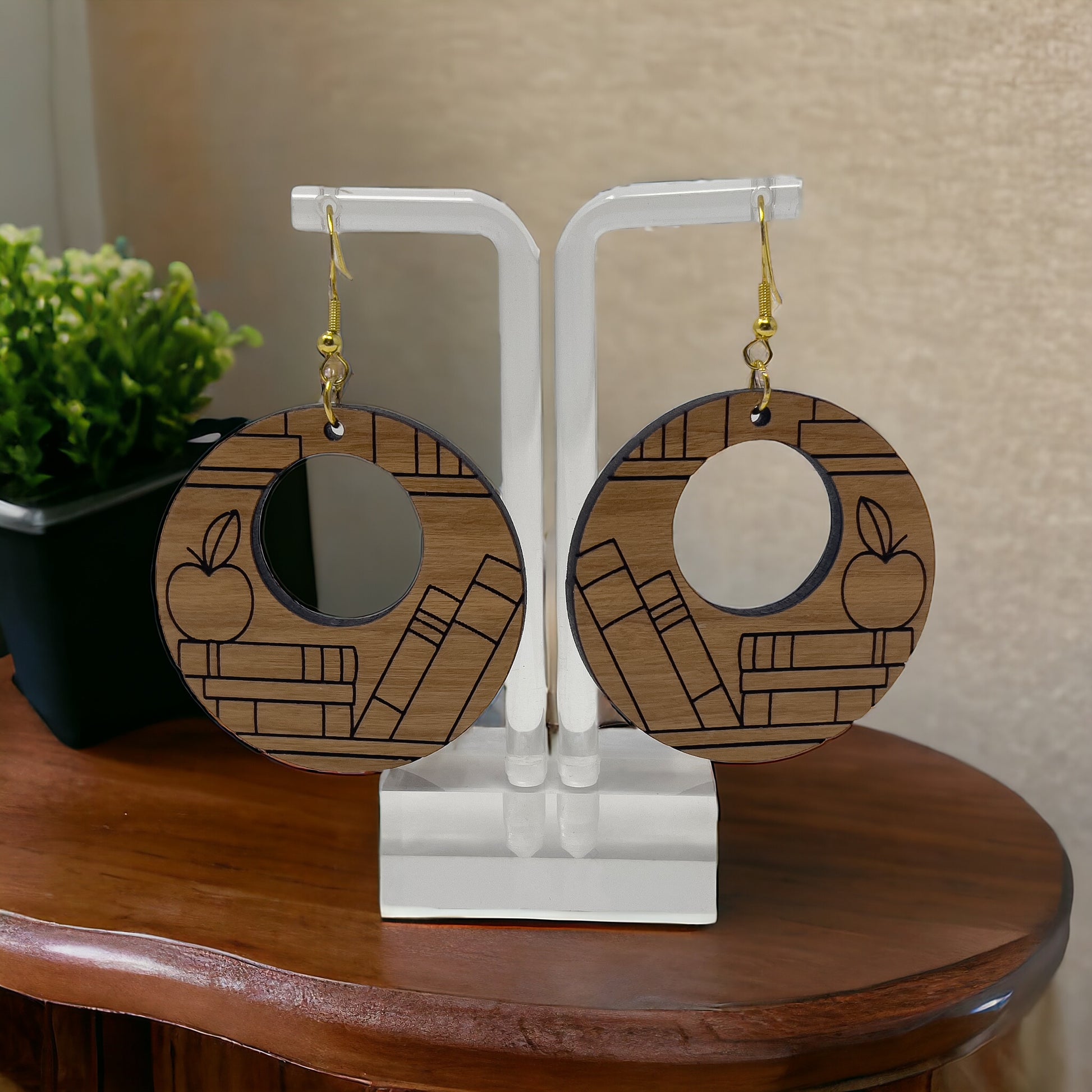 Apple & Books Wood Earrings – Boho Jewelry for Teachers