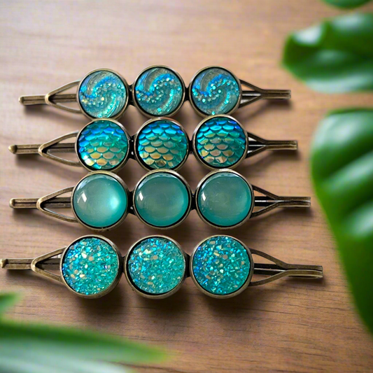 Alfileres de pelo Druzy verde azul, alfiler de pelo de mujer, clip de pelo de mujer, barrette de pelo verde azul, alfileres Bobby de mujer