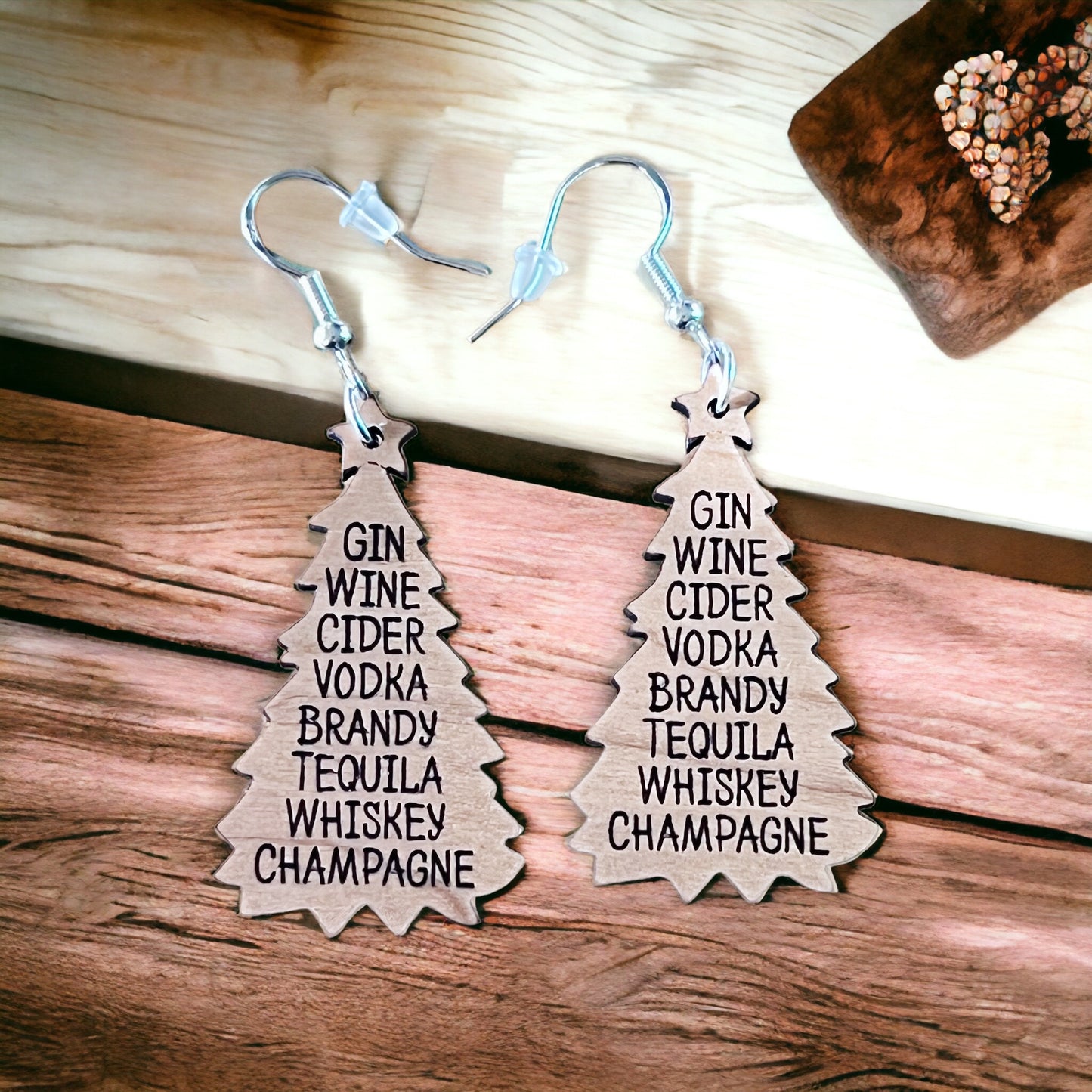 Holiday Drink List Tree Earrings – Funny Wooden Christmas Jewelry