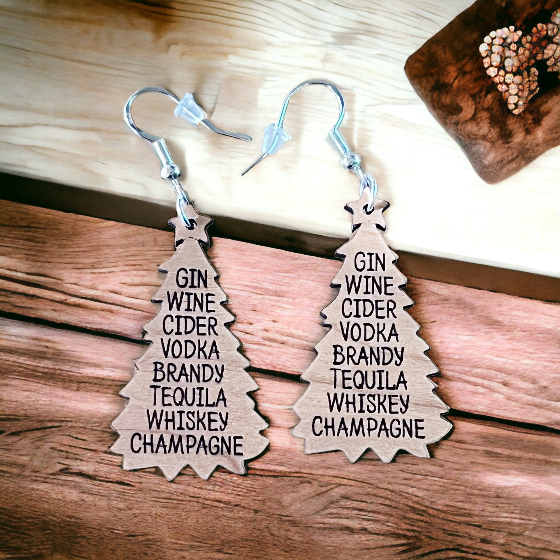 Holiday Drink List Tree Earrings – Funny Wooden Christmas Jewelry