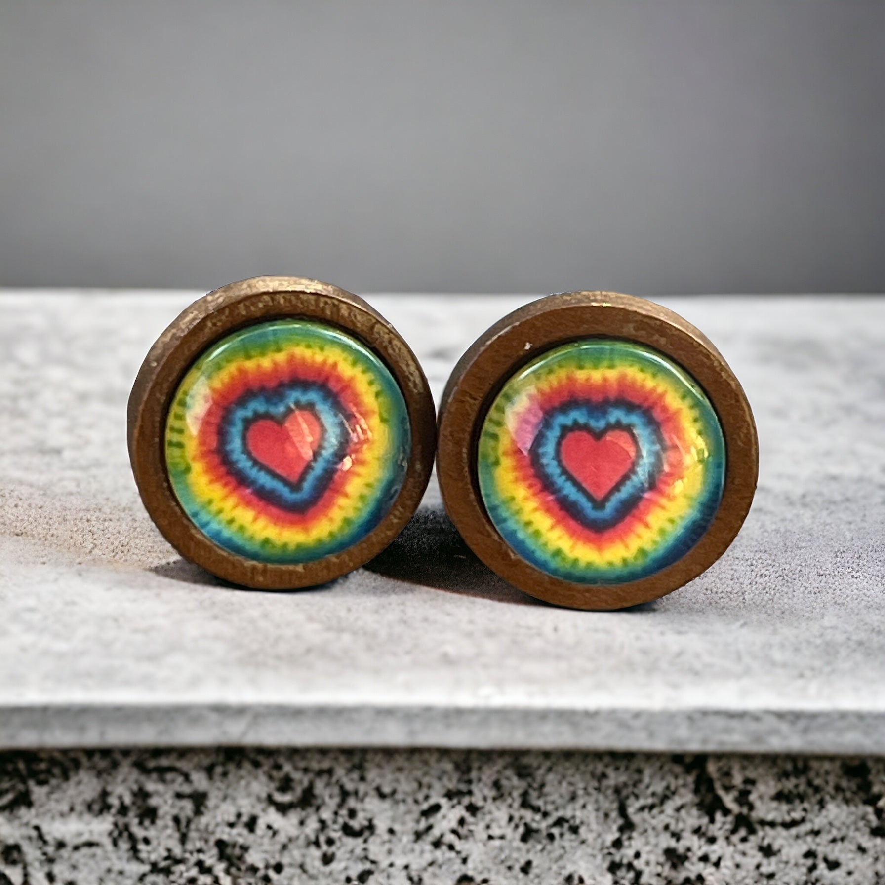 Rainbow Tie-Dye Heart Stud Earrings – Retro Wooden Jewelry