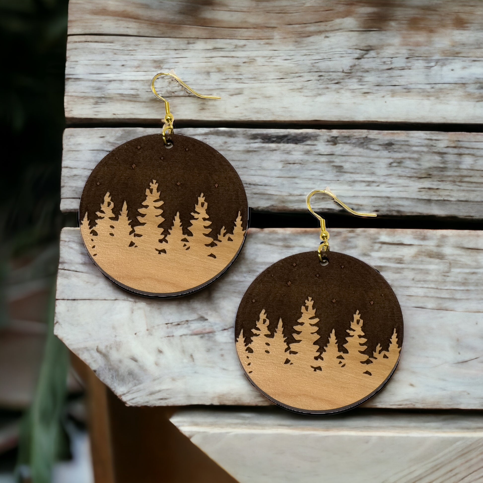 Starry Forest Circle Earrings – Dark Wood Nighttime Tree Line Jewelry