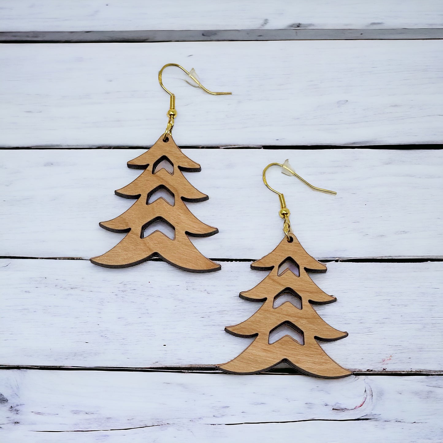 Rustic Tree Cutout Earrings – Wooden Christmas Tree Dangle Earrings