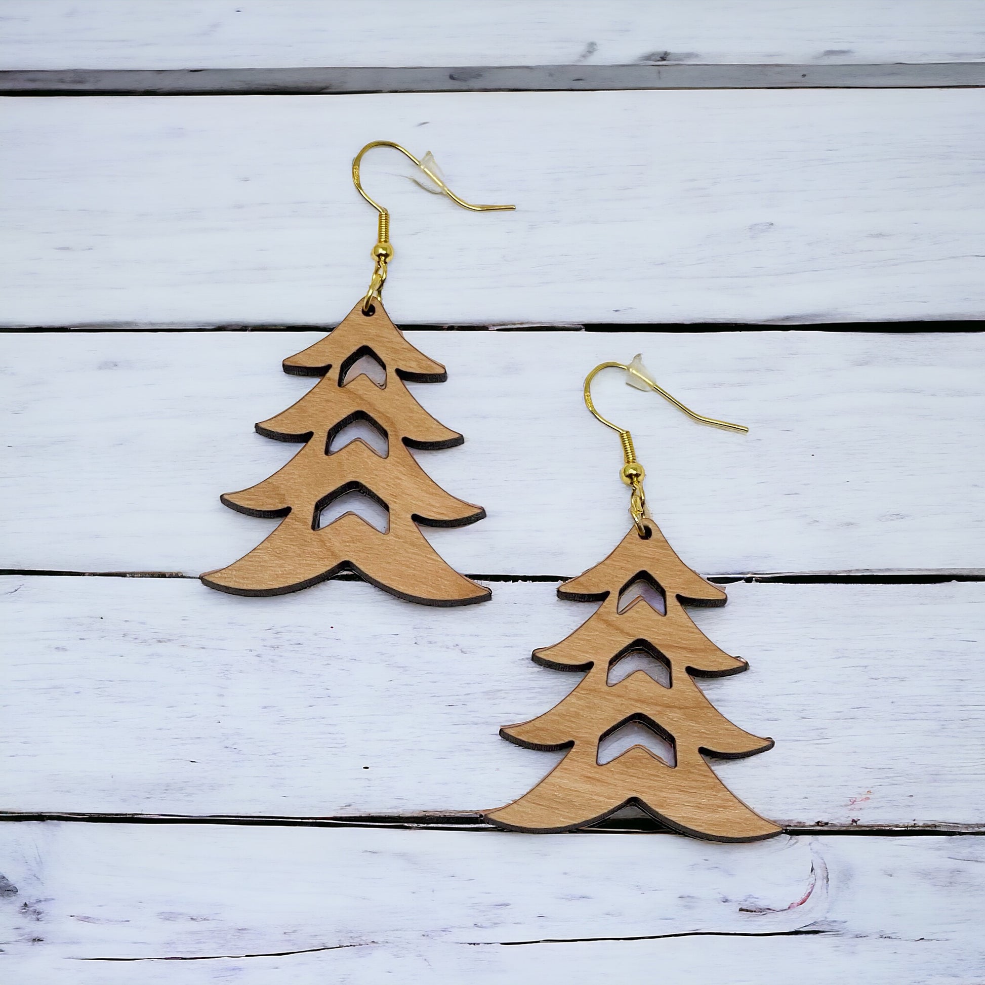Rustic Tree Cutout Earrings – Wooden Christmas Tree Dangle Earrings