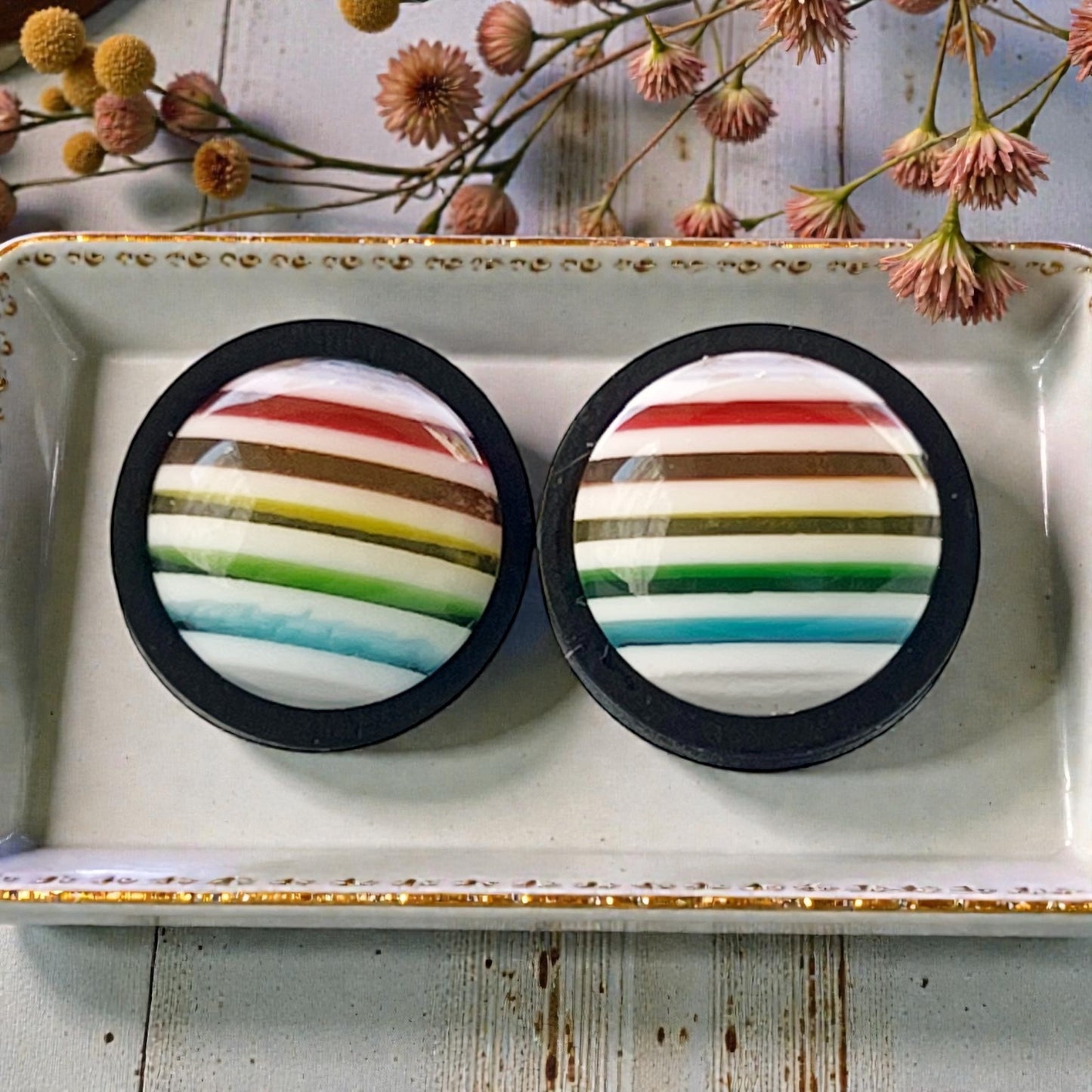 Rainbow Stripe Stud Earrings – Colorful Round Wood Stud Jewelry