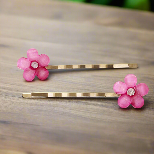 Pink Flower Hair Pins - Floral Rhinestone Bobby Pins Set of 2