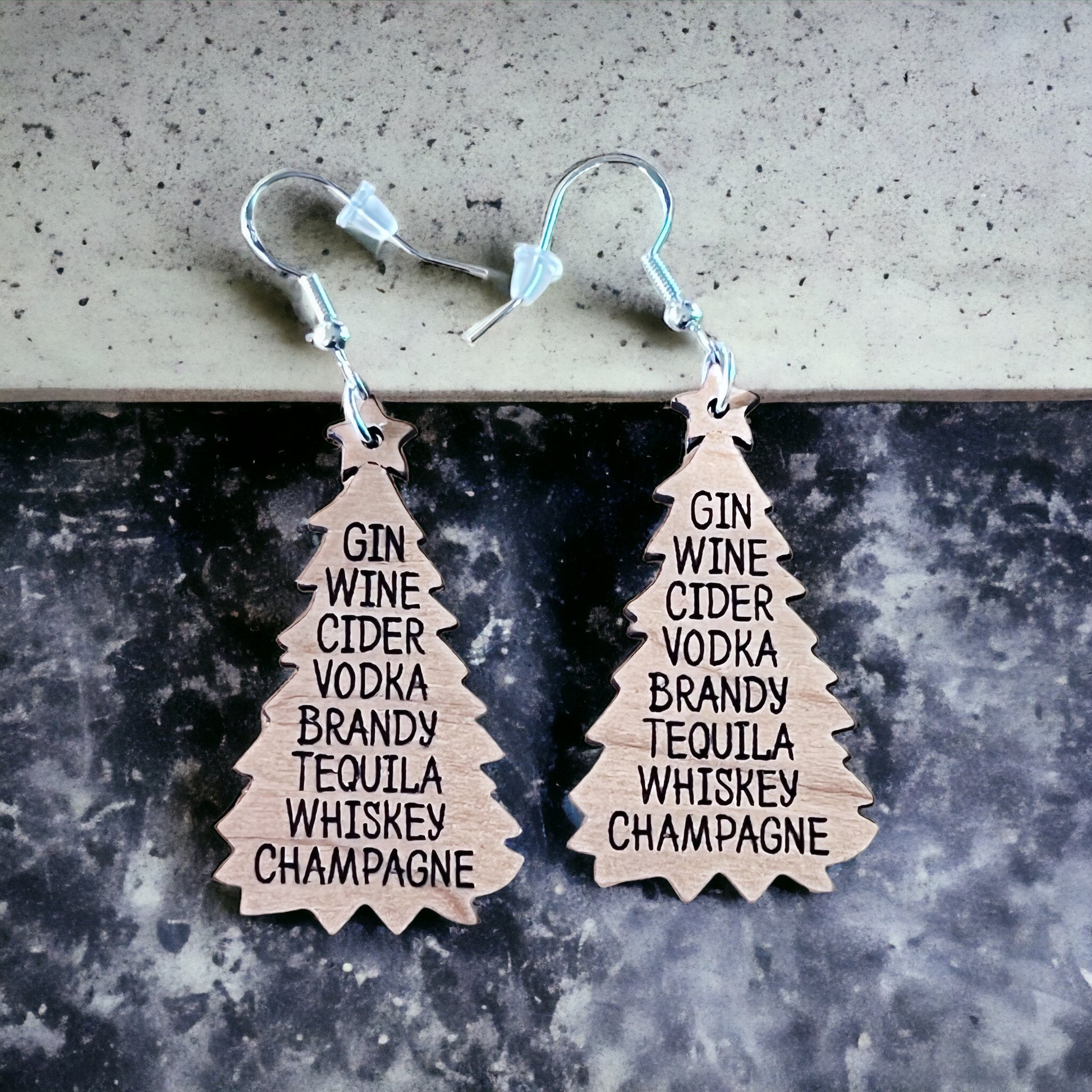 Holiday Drink List Tree Earrings – Funny Wooden Christmas Jewelry