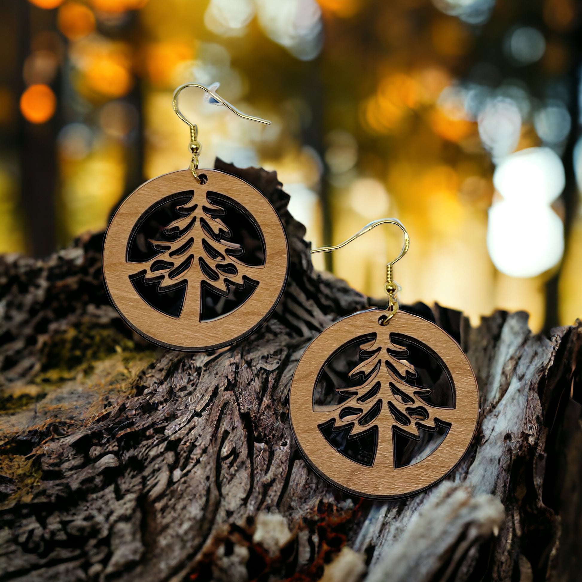 Circle Tree Cutout Earrings – Round Wooden Forest Holiday Jewelry