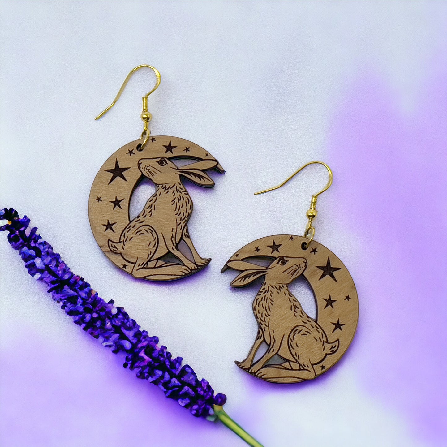 Moonlit Rabbit Earrings – Wooden Celestial Forest Jewelry with Gold Hooks