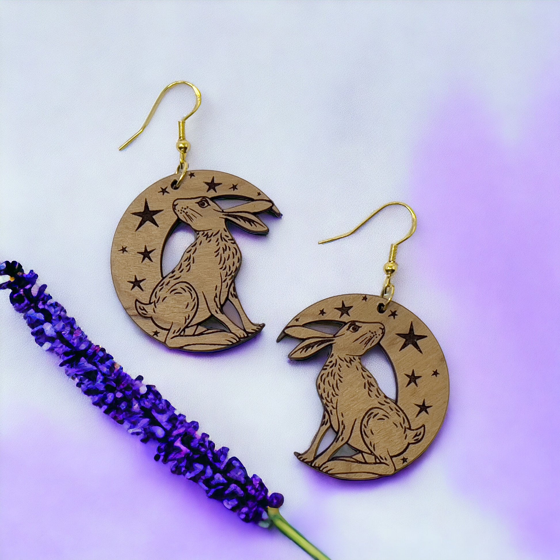 Moonlit Rabbit Earrings – Wooden Celestial Forest Jewelry with Gold Hooks