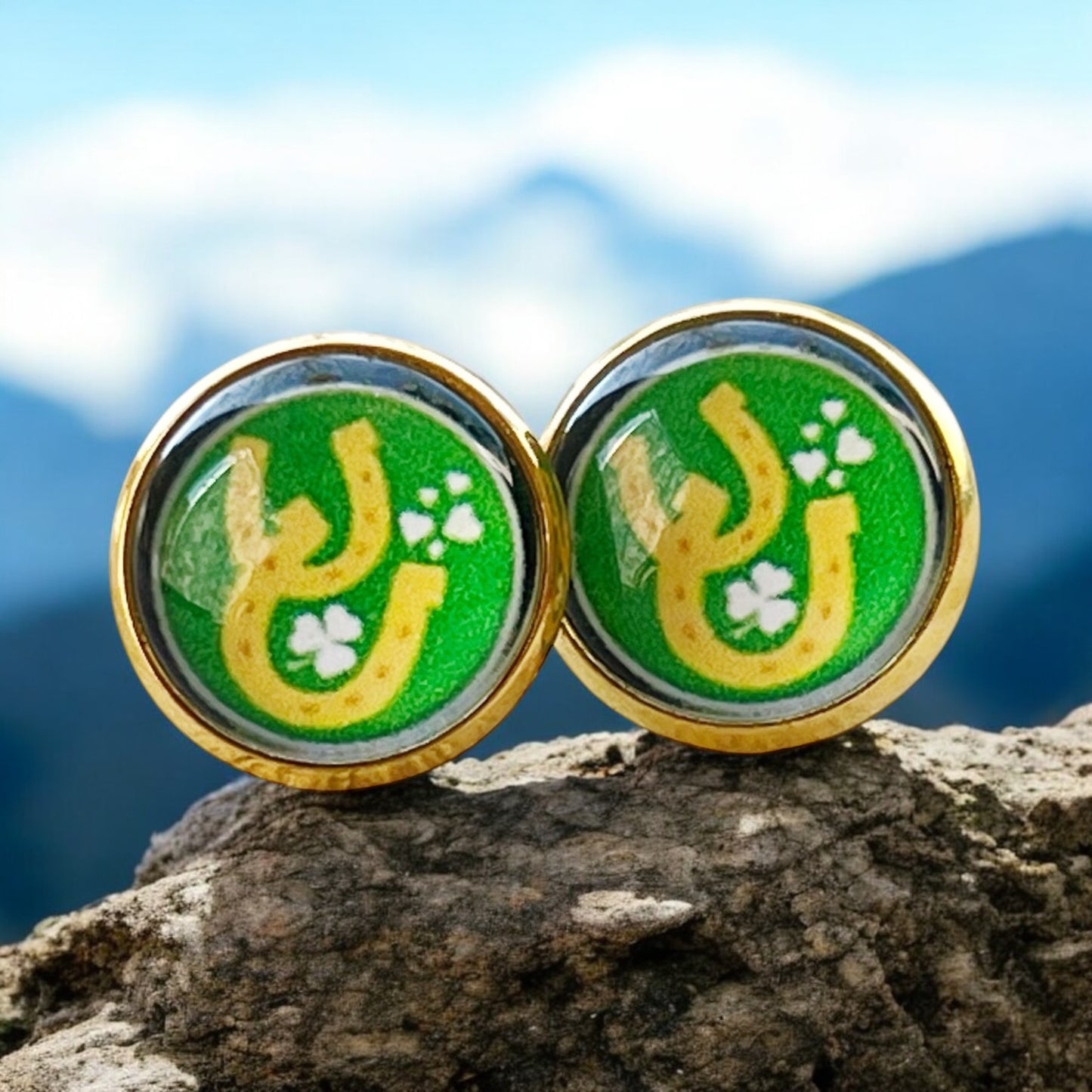 Lucky Horseshoe Stud Earrings – Green & Gold St. Patrick’s Day Jewelry for Her